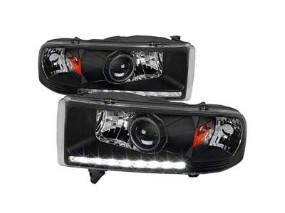 Projector Headlights with SMD LED Light Strip; Matte Black Housing; Clear Lens (94-01 RAM 1500, Excluding Sport)