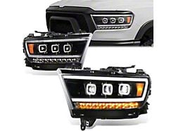 Sequential Full LED DRL Projector Headlights; Black Housing; Clear Lens (19-24 RAM 1500 w/ Factory Halogen Headlights)