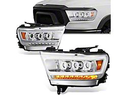 Sequential Full LED DRL Projector Headlights; Chrome Housing; Clear Lens (19-24 RAM 1500 w/ Factory Halogen Headlights)