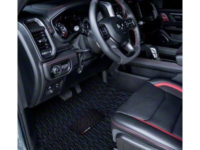 Single Layer Diamond Front and Rear Floor Mats; Black and Blue Stitching (09-18 RAM 1500 Quad Cab w/ Front Bucket Seats)