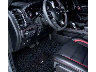 Single Layer Diamond Front and Rear Floor Mats; Black and Blue Stitching (19-24 RAM 1500 Quad Cab w/ Front Bucket Seats)