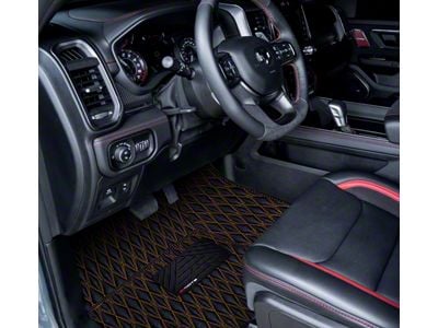 Single Layer Diamond Front and Rear Floor Mats; Black and Orange Stitching (19-24 RAM 1500 w/ Front Bucket Seats)