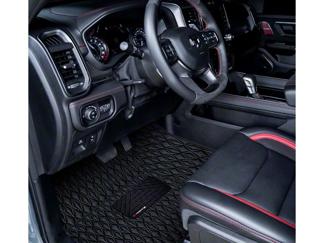 Single Layer Diamond Front and Rear Floor Mats; Black and Black Stitching (19-24 RAM 1500 Crew Cab w/ Front Bucket Seats & Rear Underseat Storage)
