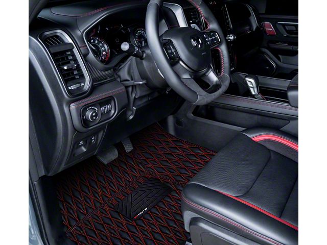 Single Layer Diamond Front and Rear Floor Mats; Black and Red Stitching (19-24 RAM 1500 Quad Cab w/ Front Bucket Seats)
