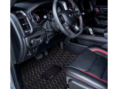 Single Layer Diamond Front and Rear Floor Mats; Black and White Stitching (19-24 RAM 1500 Crew Cab w/ Front Bucket Seats)