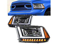 U-Shaped LED DRL Sequential Headlights with Amber Corners; Black Housing; Clear Lens (09-18 RAM 1500 w/ Factory Halogen Dual or Quad Headlights)