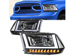 U-Shaped LED DRL Sequential Headlights with Clear Corners; Black Housing; Clear Lens (09-18 RAM 1500 w/ Factory Halogen Dual or Quad Headlights)