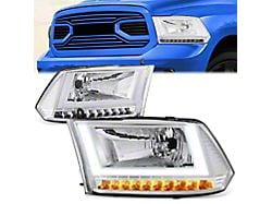 U-Shaped LED DRL Sequential Headlights with Clear Corners; Chrome Housing; Clear Lens (09-18 RAM 1500 w/ Factory Halogen Dual or Quad Headlights)