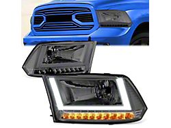 U-Shaped LED DRL Sequential Headlights with Clear Corners; Chrome Housing; Smoked Lens (09-18 RAM 1500 w/ Factory Halogen Dual or Quad Headlights)