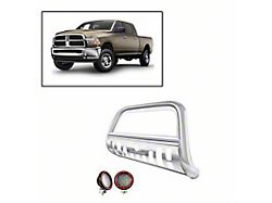 Bull Bar with 5.30-Inch Red Round Flood LED Lights and Skid Plate; Stainless Steel (10-18 RAM 2500)