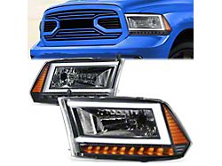 C-Shaped LED DRL Sequential Headlights with Amber Corners; Black Housing; Clear Lens (10-18 RAM 2500 w/ Factory Halogen Dual or Quad Headlights)