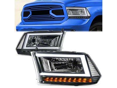 C-Shaped LED DRL Sequential Headlights with Clear Corners; Black Housing; Clear Lens (10-18 RAM 2500 w/ Factory Halogen Dual or Quad Headlights)