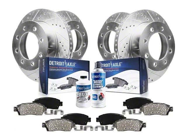 Drilled and Slotted 8-Lug Brake Rotor, Pad, Brake Fluid and Cleaner Kit; Front and Rear (03-08 RAM 2500)