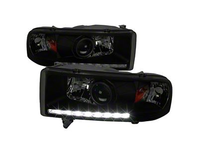 Projector Headlights with SMD LED Light Strip; Black Housing; Smoked Lens (94-02 RAM 2500)