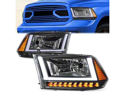 U-Shaped LED DRL Sequential Headlights with Amber Corners; Black Housing; Clear Lens (10-18 RAM 2500 w/ Factory Halogen Dual or Quad Headlights)