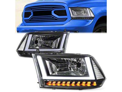 U-Shaped LED DRL Sequential Headlights with Clear Corners; Black Housing; Clear Lens (10-18 RAM 2500 w/ Factory Halogen Dual or Quad Headlights)