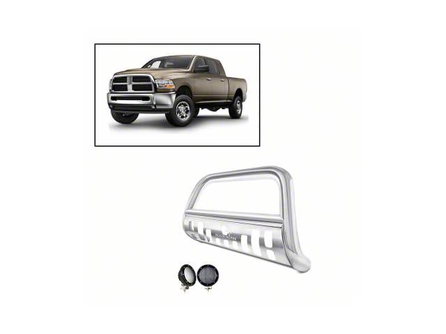 Bull Bar with 5.30-Inch Black Round Flood LED Lights; Stainless Steel (10-18 RAM 3500)