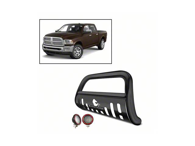 Bull Bar with 5.30-Inch Red Round Flood LED Lights and Skid Plate; Black (10-18 RAM 3500)