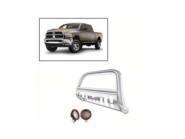 Bull Bar with 5.30-Inch Red Round Flood LED Lights and Skid Plate; Stainless Steel (10-18 RAM 3500)