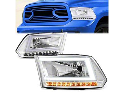 C-Shaped LED DRL Sequential Headlights with Clear Corners; Chrome Housing; Clear Lens (10-18 RAM 3500 w/ Factory Halogen Dual or Quad Headlights)