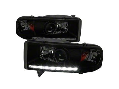 Projector Headlights with SMD LED Light Strip; Black Housing; Smoked Lens (94-02 RAM 3500)