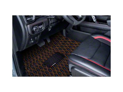 Single Layer Diamond Front and Rear Floor Mats; Black and Orange Stitching (10-18 RAM 3500 Crew Cab w/ Front Bucket Seats)