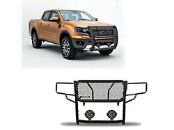 Rugged Heavy Duty Grille Guard with 7-Inch Black Round Flood LED Lights; Black (19-23 Ranger)