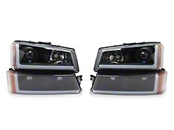 Raxiom LED Light Bar OE Style Projector Headlights with Bumper Lights; Black Housing; Clear Lens (03-06 Silverado 1500)