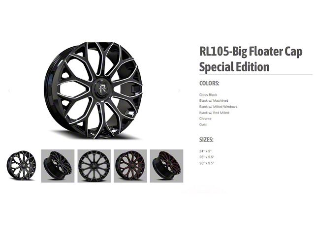 Revenge Luxury Wheels RL-105 Big Floater Gloss Black 6-Lug Wheel; 28x9.5; 25mm Offset (21-24 Tahoe)