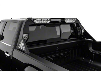 Road Armor iDentity id Mesh Headache Rack with Bedrail Pods and Dual 10-Inch Center Light Pod with Third Brake Light Relief; Raw Steel (14-18 Silverado 1500)