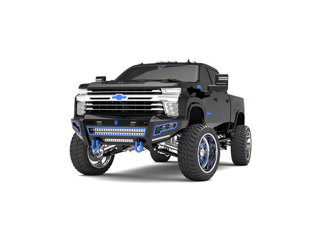 Road Armor iDentity Beauty Ring Front Bumper with Shackles, Double Cube Light Pods; Raw Steel (20-23 Silverado 3500 HD)
