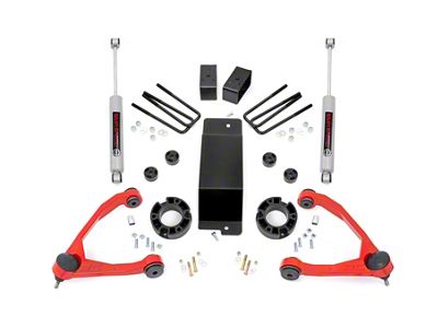 Rough Country 3.50-Inch Suspension Lift Kit with Upper Control Arms and Premium N3 Shocks; Red (07-16 4WD Sierra 1500 w/ Stock Cast Aluminum or Cast Steel Control Arms, Excluding 14-16 Denali)