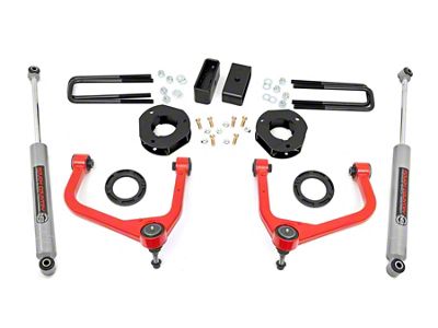 Rough Country 3.50-Inch Suspension Lift Kit with Upper Control Arms and Premium N3 Shocks; Red (19-24 Sierra 1500 Crew Cab w/ 5.80-Foot Short Box, Excluding AT4 & Denali)