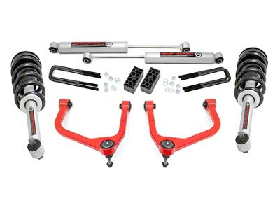 Rough Country 3.50-Inch Forged Upper Control Arm Suspension Lift Kit with N3 Struts and Premium N3 Shocks; Red (19-25 4.3L, 5.3L, 6.2L Silverado 1500 w/ Rear Multi-Leaf Pack Springs, Excluding Trail Boss & ZR2)