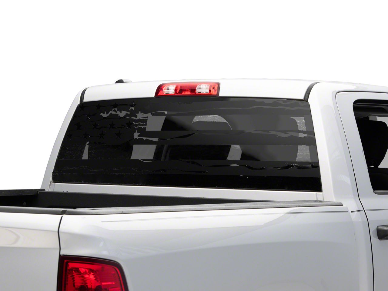 Sec10 Ram 1500 Full Window Distressed American Flag Decal; Matte Black 