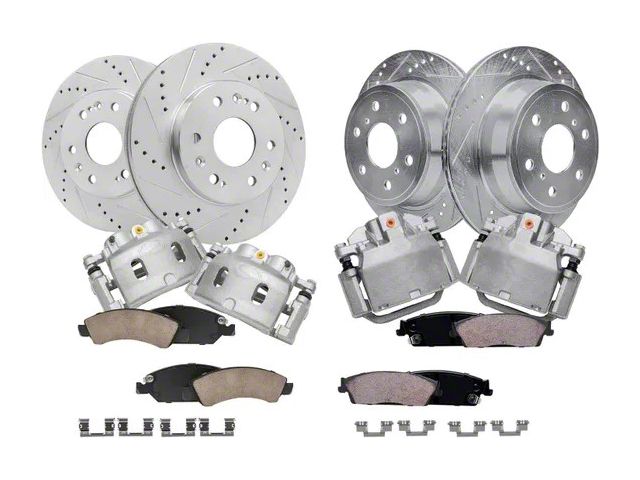 Drilled and Slotted 6-Lug Brake Rotor, Pad and Caliper Kit; Front and Rear (08-13 Sierra 1500 w/ Rear Disc Brakes)