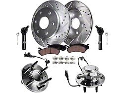 Drilled and Slotted 6-Lug Brake Rotor, Pad, Hub Assembly and Outer Tie Rod Kit; Front (07-13 2WD Sierra 1500)