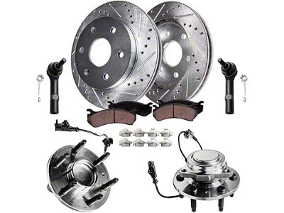 Drilled and Slotted 6-Lug Brake Rotor, Pad, Hub Assembly and Outer Tie Rod Kit; Front (07-13 2WD Sierra 1500)