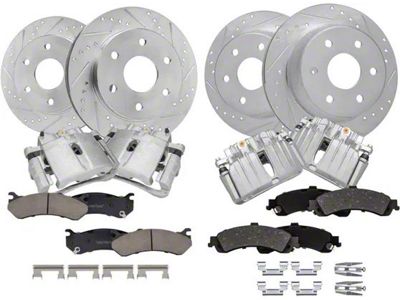 Drilled and Slotted 6-Lug Brake Rotor, Pad and Caliper Kit; Front and Rear (01-06 Sierra 1500 w/ Dual Piston Rear Calipers)