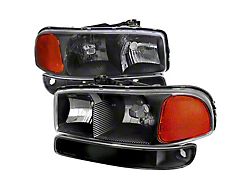 Factory Style Headlights with Bumper Lights; Matte Black Housing; Clear Lens (99-06 Sierra 1500)