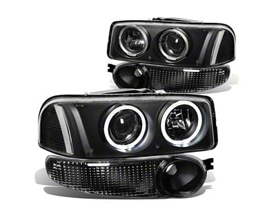 LED DRL Halo Projector Headlights; Black Housing; Clear Lens (02-06 Sierra 1500 Denali)