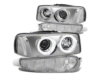 LED DRL Halo Projector Headlights; Chrome Housing; Clear Lens (02-06 Sierra 1500 Denali)