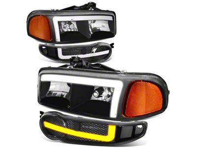 LED DRL Switchback Headlights with Amber Corners; Black Housing; Clear Lens (01-06 Sierra 1500 C3, Denali)