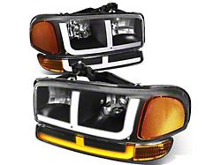 OE Style LED DRL Switchback Headlights with Amber Corners; Black Housing; Clear Lens (99-06 Sierra 1500, Excluding C3 & Denali)