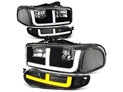 OE Style LED DRL Switchback Headlights with Clear Corners; Black Housing; Clear Lens (01-06 Sierra 1500 C3, Denali)