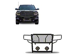 Rugged Heavy Duty Grille Guard with 7-Inch Black Round LED Lights; Black (14-18 Sierra 1500, Excluding Denali)