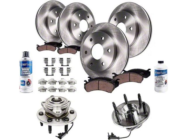 Vented 6-Lug Brake Rotor, Pad, Brake Fluid, Clear and Wheel Hub Assembly Kit; Front and Rear (07-13 4WD Sierra 1500 w/ Rear Disc Brakes)