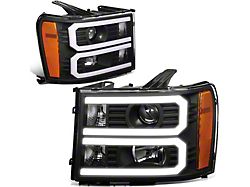 Dual U-Bar LED DRL Headlights with Amber Corners; Black Housing; Clear Lens (07-14 Sierra 2500 HD)