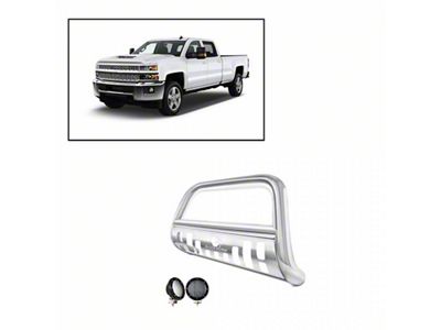 Bull Bar with 5.30-Inch Black Round Flood LED Lights; Stainless Steel (11-19 Sierra 3500 HD)