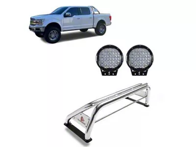 Classic Roll Bar with 9-Inch Black Round LED Lights; Stainless Steel (01-25 Sierra 3500 HD)